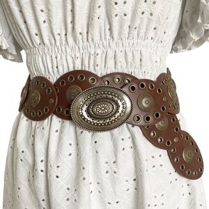 Western Medallion Concho Wide Bronze Grommet brown boho wide faux leather belt